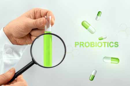 Doctor's hand with a magnifying glass examines a test tube and the inscription Probiotics. The concept of diet, intestinal microflora, microorganisms, healthy digestionの写真素材