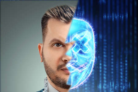 The man's face is half hidden behind a digital hologram mask with crosses over his eyes, hacker. Concept for internet crime, fraud, cyber attack, spam, electronic theftの写真素材