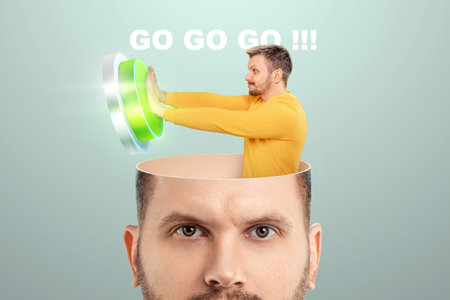 In a man's head, the brain presses the go button. Concept to charge the brain, support the mind,...