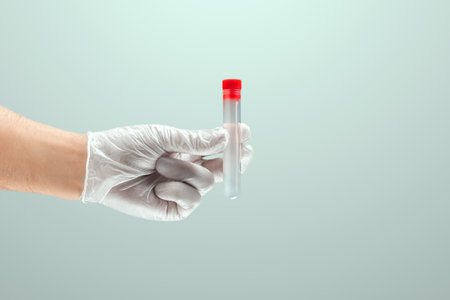 A gloved hand of a doctor holds a test tube . Medical research, close-upの写真素材