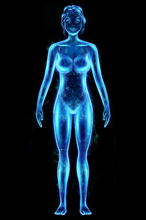 Silhouette, hologram of a female body in blue isolated on a black background. Medical examination, ultrasound, women's consultation, gynecology. 3D illustration, 3D renderの写真素材