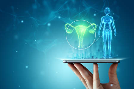 Hologram of the female organ of the uterus over the tablet. Ultrasound concept, gynecology, obstetrics, pregnancy, modern medicineの写真素材