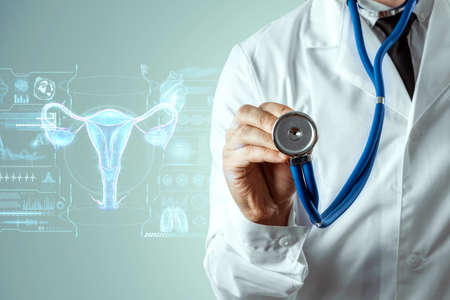Doctor and hologram of the female organ of the uterus. Medical examination, women's consultation, ultrasound, gynecology, obstetrics, pregnancy, modern medicineの写真素材