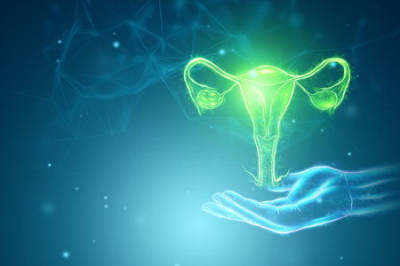 Hologram of the female organ of the uterus on a blue background. Ultrasound concept, gynecology,...