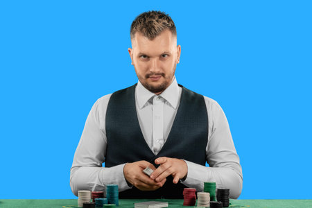 Male croupier at the casino at the table isolated on blue background. Casino concept, gambling, poker, chips on the green casino tableの写真素材