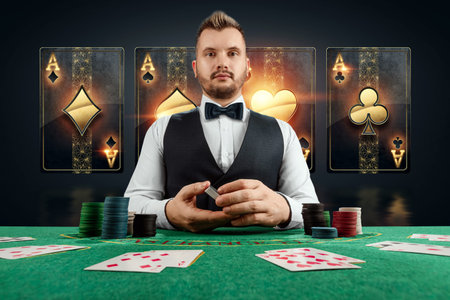 Male dealer at the casino at the table. Casino concept, gambling, poker, chips on the green casino...