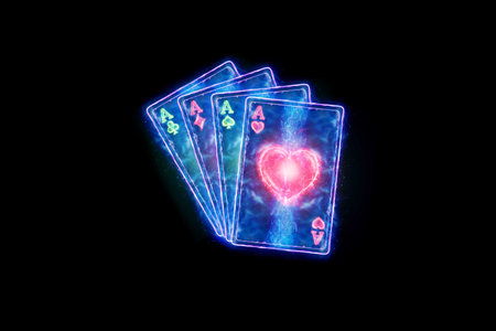 Neon playing cards for poker, four aces on a dark background. Design template. Casino concept,...