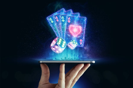 Creative background, online casino, in the male hand a smartphone with playing neon cards, neon...