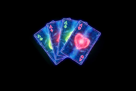 Neon playing cards for poker, four aces on a dark background. Design template. Casino concept, gambling, header for the site. Copy space, 3D illustration, 3D render.の写真素材