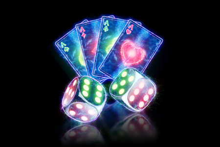 Creative poker template, neon playing cards and dice design on dark background. Casino concept, gambling, header for the site. Copy space, 3D illustration, 3D render.の写真素材