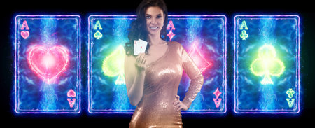 A beautiful young girl in a gold dress holds playing cards, neon casino inscription, cards and dice...