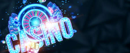 Creative casino background, inscription casino in Neon letters playing cards roulette on a dark background. Flyer. Gambling concept, header for the site. Copy space. 3D illustration, 3D render.の写真素材