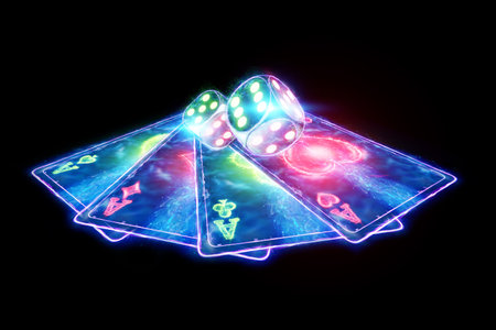 Neon poker chips and cards, hologram casino products. Winning, casino advertising template,...