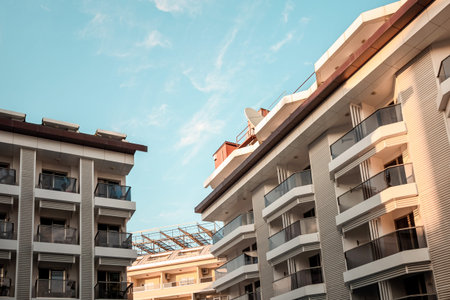 Beautiful view of modern hotels, glass balconies, white facades. Those, path, good hotels