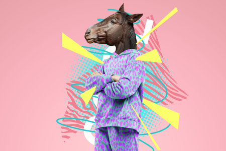 Modern design, a human body with a horse's head, prudence, confidence. Bright trendy colors, shocking art, style for a magazine, fashionable web design. copy spaceの写真素材