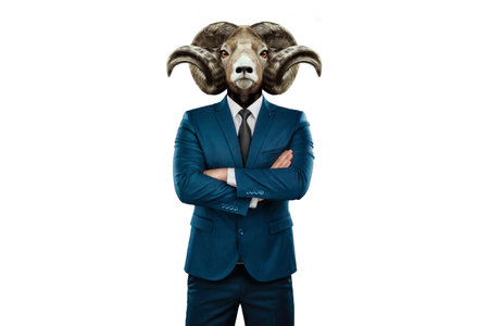 Modern design, a human body in a business suit with the head of a horned goat on a white background.の写真素材