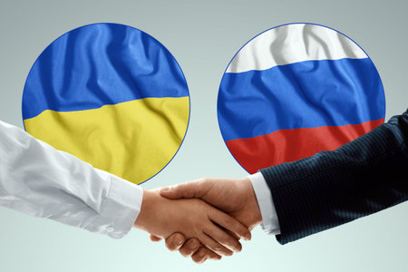 Flag of Ukraine and Russia. The concept of cooperation, partnership of states, friendship of...