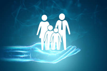 Flat figures of a family on a human hand on a blue background .. concept of protecting the family, preserving family values. Maintaining good family relationships. 3D illustration, 3D render.の写真素材