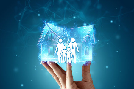 Flat white figurines of a family on a background of a house on a blue background. Home mortgage,...
