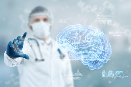 The doctor looks at the brain hologram, checks the test result on the virtual interface, and...