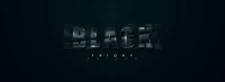 Black Friday sale flyer. Commercial discount banner. Black glass letters on a black background. Sales, discounts, price drops, poster, website header. 3D illustration, 3D render, copy spaceの写真素材