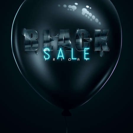 Black Friday sale inscription on an abstract black background in a balloon in black - blue letters. banner or poster. Sale and discount. 3D illustration, 3D rendering.の写真素材