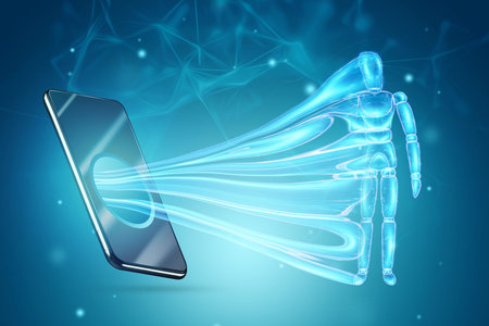 The smartphone is sucking in a figurine of a man of a puppet. The concept of smartphone addiction, modern problems, life on the Internet, social. networks, 3D illustration, 3D renderの写真素材