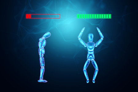 The puppet puppet has run out of energy, the battery is discharged. The concept of fatigue, emotional burnout, laziness, poor employee, procrastination, 3D illustration, 3D renderの写真素材