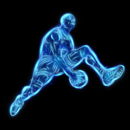 Neon image of a professional basketball player jumping with a ball. Creative collage, sports flyer....