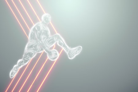 Image of a basketball player in a jump. Creative collage, sports flyer. Basketball concept, sport, game, healthy lifestyle. Copy space, 3D illustration, 3D render.の写真素材