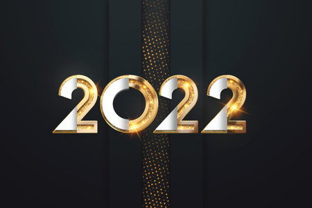 Gold Numbers 2022 luxury, vip on a dark background. Happy New Year. Modern design, Template, header...