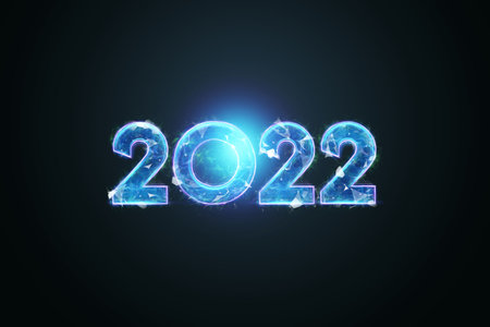 Blue hologram number 2022 on a dark background. Happy New Year. Modern design, Template, header for...