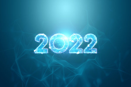 Blue hologram number 2022 on a dark background. Happy New Year. Modern design, Template, header for...