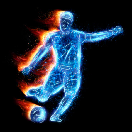 Football player hologram isolated on dark background. The concept of sports betting, football, gambling, online broadcast of football. 3D illustration, 3D renderの写真素材