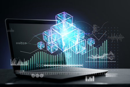 Hologram of virtual blocks, blockchain technology with analytical information, laptop. Innovation...