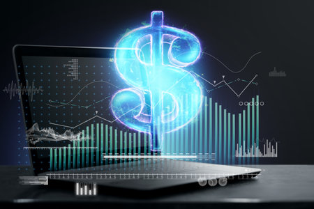 Dollar sign hologram with analytical information, laptop. Currency concept, electronic money, internet market, ipo. Double exposureの写真素材