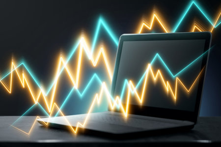 Graph, diagram on the background of a laptop. Analysis data and investments. Business strategy...