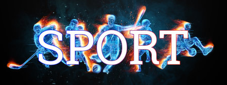 Creative collage of different athletes. The concept of sports betting, advertising, sports, healthy lifestyle. Football, basketball, hockey, baseball, American football. 3D illustration 3D renderの写真素材