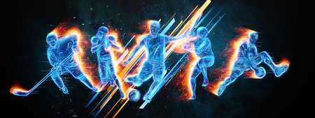 Creative collage of different athletes. The concept of sports betting, advertising, sports, healthy lifestyle. Football, basketball, hockey, baseball, American football. 3D illustration 3D renderの写真素材