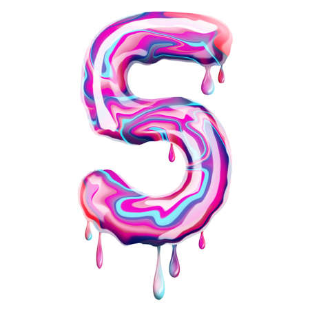 The number 5 in the form of a sweet coffee is melting. Delicious number 5 isolated on white background, Concept font. 3D illustration, 3D renderingの写真素材
