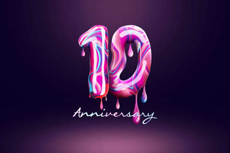 ten year anniversary background, number from pink candy on dark background. Concept for happy birthday background, brochure template, party, poster. 3D illustration, 3D renderingの写真素材