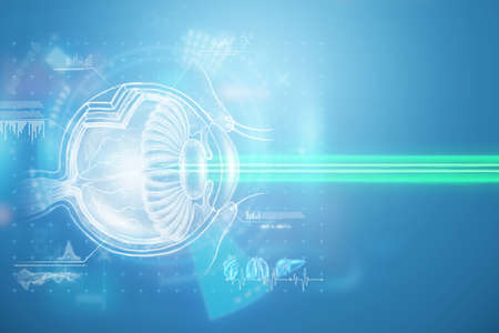 Realistic human eye hologram and medical laser beam. The concept of laser eye surgery, vision, catheract, ostegmatism, modern ophthalmologist. 3D illustration, 3D render.の写真素材