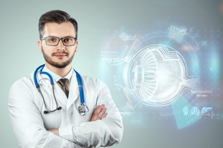 Realistic human eye hologram, doctor checks eyesight. Vision concept, laser eye surgery, catheract, ostegmatism, modern ophthalmologistの写真素材