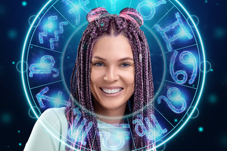 Horoscope concept, portrait of a beautiful girl on a background of a circle with the signs of the zodiac, astrologyの写真素材