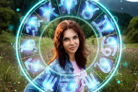 Horoscope concept, portrait of a beautiful girl on a background of a circle with the signs of the zodiac, astrologyの写真素材