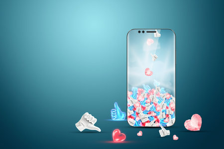 Successful social media advertising strategy. A lot of likes fall on the smartphone. The concept of...
