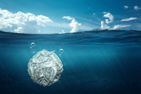 A ball made of dollars sinks under water. Financial crisis concept, debts, paying bills, mortgage, bankruptcyの写真素材