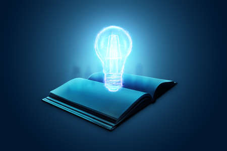 Knowledge concept in books, education, self-education. Incandescent lamp over a book on a blue backgroundの写真素材
