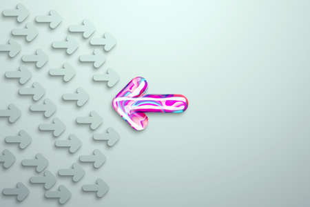 Uniqueness creative background, multicolored arrow moves against gray arrows. Competitive advantage, standing out from the crowd, thinking outside the box, a leader. 3D render, 3D illustrationの写真素材