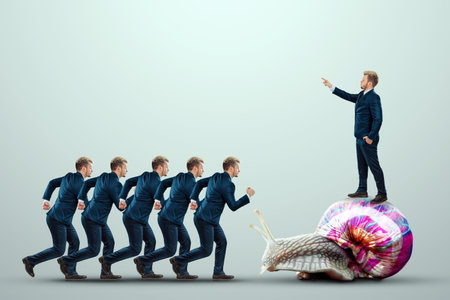 Uniqueness creative background, Businessman on a multi-colored snail moves against the crowd. Competitive advantage, standing out from the crowd, thinking outside the box, a leaderの写真素材